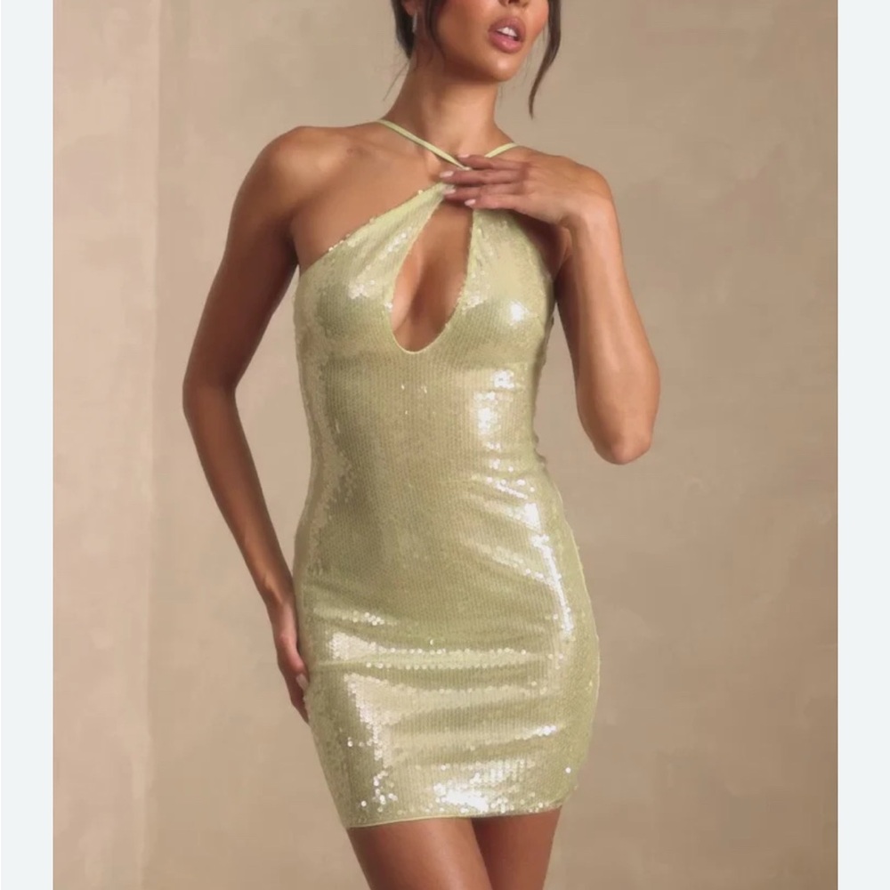 Oh Polly- NWT US 8 SZ M Sheer Sequin Asymmetric Cut Out Mini Pistachio Green